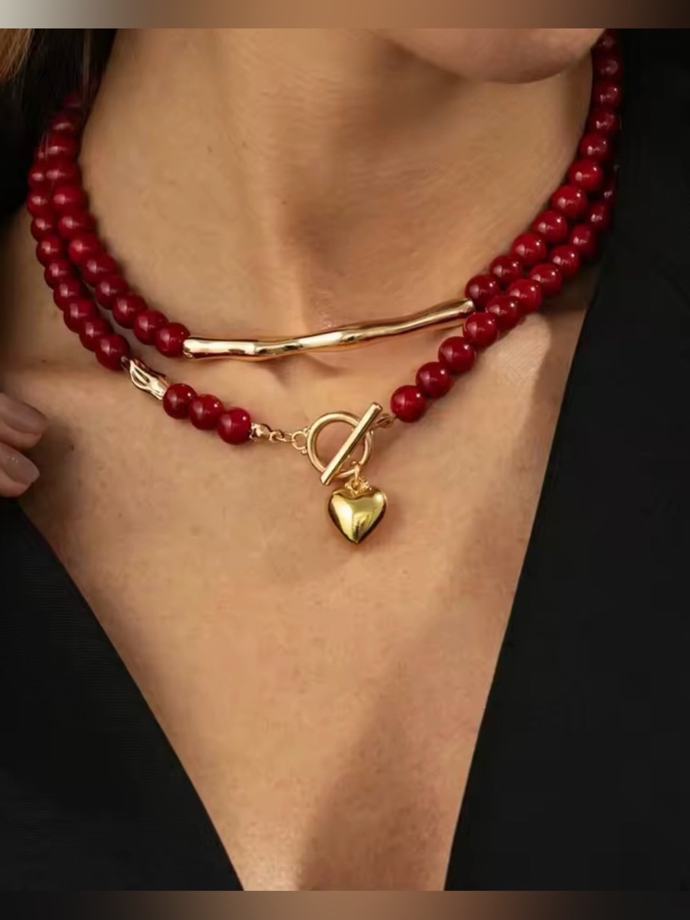 Red Beaded Double layer Set  Necklace with Gold Heart Accent 2 necklaces